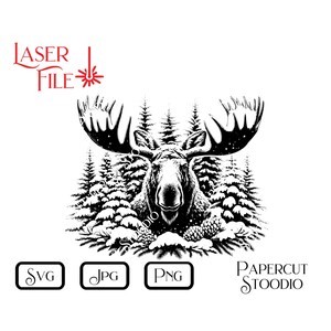 Laser Engrave File, Winter Moose SVG, LightBurn GlowForge Wood Burn Nature Cutting Board Wood Sign Hunting Cabin Rustic Home Fireplace Decor