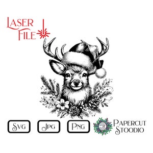 Fichier de gravure laser, chapeau de père Noël cerf Svg, panneaux de Noël bricolage planches à découper en bois rond personnalisé étiquettes cadeaux décoration intérieure LightBurn GlowForge