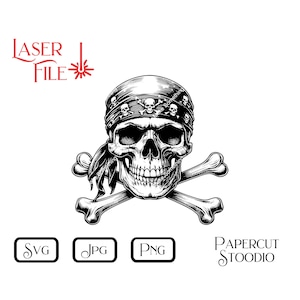 Op de afbeelding: Zwart-witte illustratie van een schedel met een bandana met schedels en gekruiste beenderen. De schedel is omringd door gekruiste beenderen.