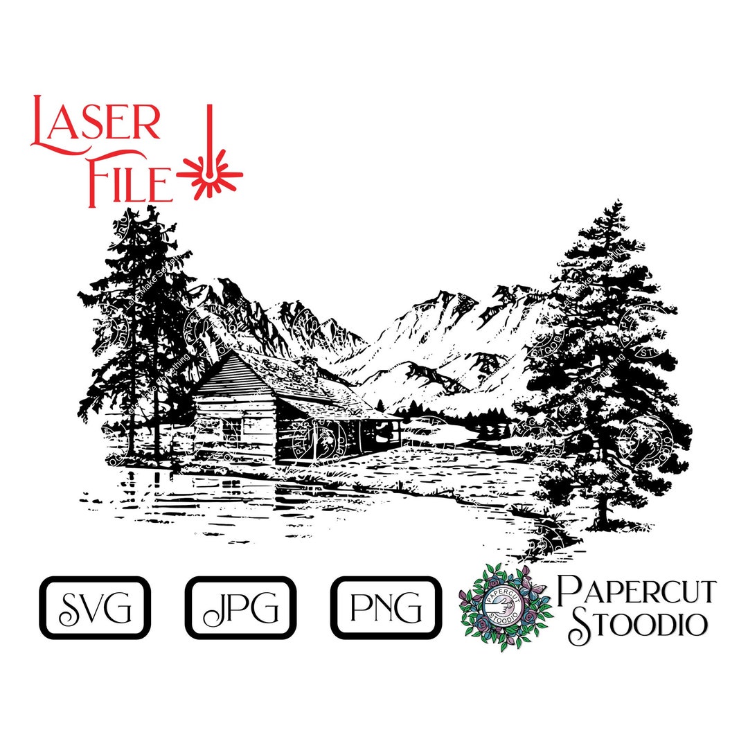Valley Cabin Laser Engrave File, Mountain Lake Landscape SVG PNG JPG ...