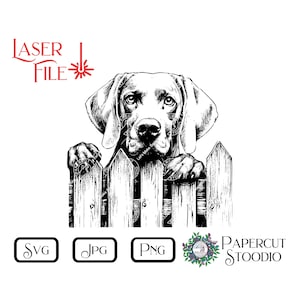 May include: Black and white illustration of a dog peeking over a wooden fence. The dog has a sad expression and is looking to the left. The image is labeled "Laser File" and includes the words "SVG", "JPG", and "PNG".