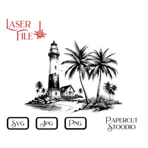Archivo de grabado láser, SVG de faro tropical, LightBurn GlowForge para carteles de océano y mar, tablas de cortar, posavasos, carteles y regalos personalizados