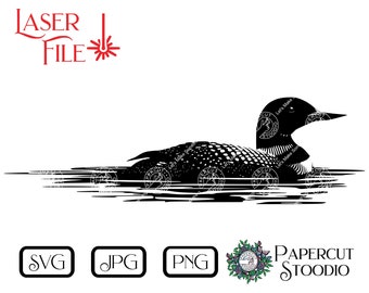 May include: Black and white silhouette of a loon swimming in water. The loon is facing left and has a long neck and beak. The water is represented by a series of horizontal lines.