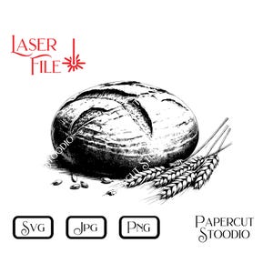 Puede incluir: Una ilustración en blanco y negro de una hogaza de pan con tallos de trigo. El pan es redondo y tiene una corteza crujiente. Los tallos de trigo son largos y delgados, con algunos granos de trigo esparcidos alrededor del pan.
