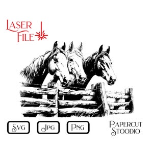 Fichier de gravure laser, trio de chevaux SVG, pays équin LightBurn GlowForge, menuiserie pour panneaux, planches à découper, sous-verres, cadeaux personnalisés