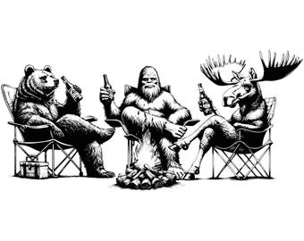 Campfire Pals paar Bigfoot SVG-lasergraveerbestand, kampbordontwerp (digitale download)