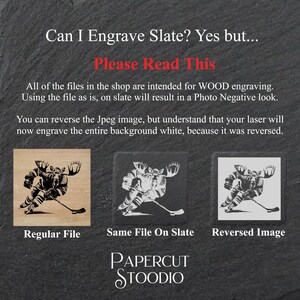 May include: Three images showing the difference between engraving a design on wood versus slate. The first image shows a black and white moose design on a light brown wooden surface. The second image shows the same design engraved on a black slate surface. The third image shows the design reversed on a black slate surface. The text "Can I Engrave Slate? Yes but... Please Read This" is at the top of the image. The text "Regular File", "Same File On Slate", and "Reversed Image" are below the images. The text "PAPERCUT STOODIO" is at the bottom of the image.