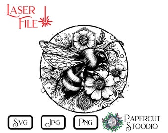 Laser Engrave File, Bee in Flowers SVG, Spring Garden Flowers Rustic Garden Sign LightBurn GlowForge for Cutting Boards & Personalized Gifts