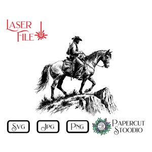 Laser Engrave File, Cowboy on Horse Svg, Digital Download for Laser Engraving, Charcuterie, Cutting Board, Home Decor, Gifts  & Signs