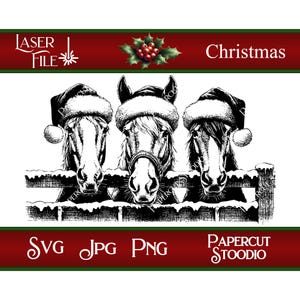 Fichier de gravure laser, chevaux de Noël Svg, panneaux de Noël bricolage planches à découper en bois étiquettes cadeaux personnalisées décoration maison LightBurn GlowForge