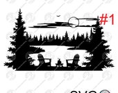 Lake Scene Adirondack Chairs Campfire Svg , Lake And Forest Scene Svg Files For DIY T-shirt, Sticker, Mug, Wood Signs