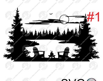 Lake Scene Adirondack Chairs Campfire Svg ©, Lake And Forest Scene Svg Files For DIY T-shirt, Sticker, Mug, Wood Signs