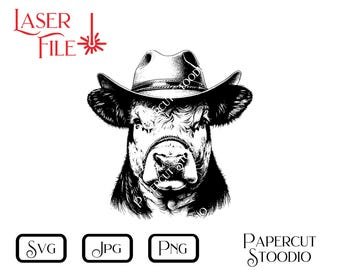 May include: Black and white line art illustration of a cow wearing a cowboy hat. The cow is looking directly at the viewer.