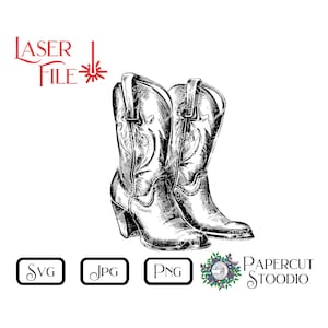 Fichier de gravure laser, Svg de bottes de cowboy pour fille, panneaux bricolage planches à découper ronds en bois cadeaux personnalisés cartes décoration d'intérieur LightBurn GlowForge
