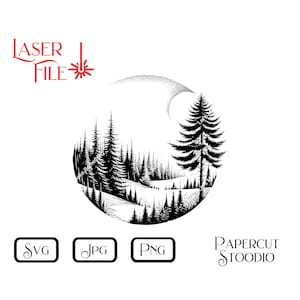 Lasergravur Datei, Kiefern Landschaftskreis SVG, Digitaler Download See & Hütte Dekor Schilder Schneidebrett LightBurn GlowForge Einzigartige Geschenke