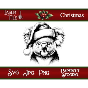 May include: Black and white illustration of a koala wearing a Santa hat. The image includes the text "Christmas", "Laser File", and file type options: SVG, JPG, and PNG. The image also includes the text "Papercut Stoodio".