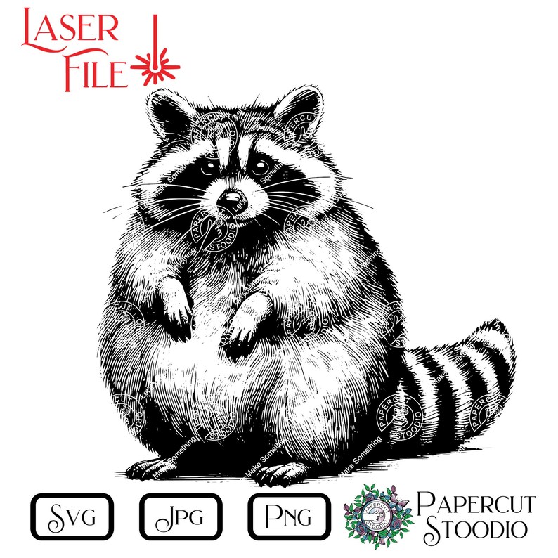 May include: Black and white line art illustration of a raccoon sitting up with its paws in front of it. The raccoon has a striped tail.