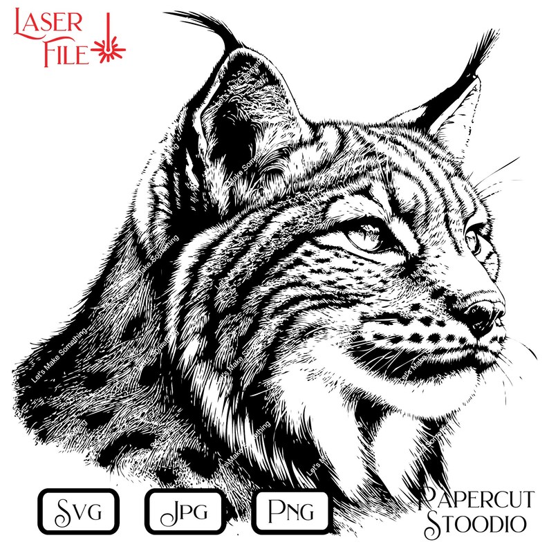 Pu&ograve; includere: Illustrazione in bianco e nero a linea d'arte di una testa di lince. Il lince sta guardando a destra. L'illustrazione &egrave; dettagliata e mostra la pelliccia, gli occhi e il naso del lince.