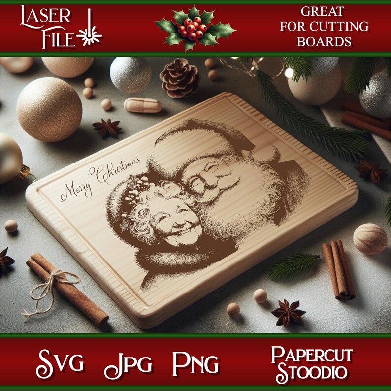 Puede incluir: Una tabla de cortar de madera con un dise&ntilde;o de Pap&aacute; Noel y una mujer con el texto "Feliz Navidad" en la tabla.