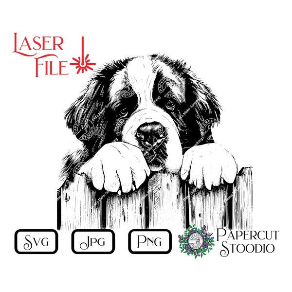 Laser Engrave File, St. Bernard Dog Peek SVG, DIY Door Hanger Dog Fence Sign LightBurn GlowForge Woodworking Dog Engrave Sign Welcome