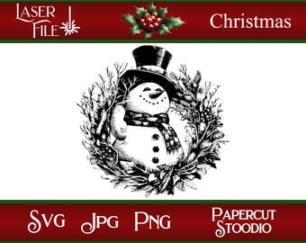 Archivo de grabado láser, Corona de muñeco de nieve SVG, Letreros navideños DIY, Tablas de cortar de madera, Etiquetas de regalo personalizadas redondas, Decoración del hogar LightBurn GlowForge
