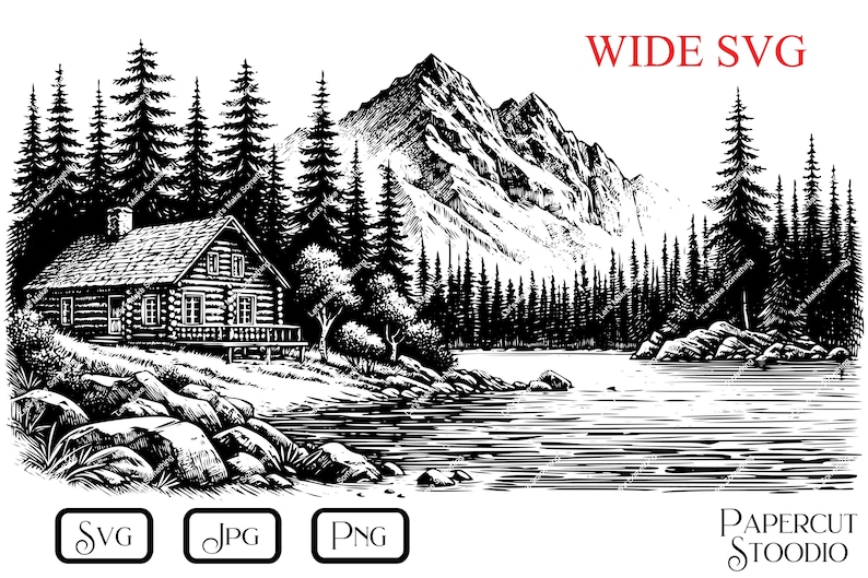 Mountain Cabin Lake Laser Engrave File, Glowforge Lightburn SVG PNG JPG ...