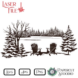 May include: A black and white silhouette of two chairs facing a snowy lake with a line of pine trees in the background.