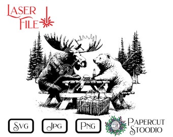 May include: Black and white illustration of a moose and a bear sitting at a picnic table in the woods. The moose is holding a hamburger and the bear is holding a bottle of beer. There is a basket of food on the table.