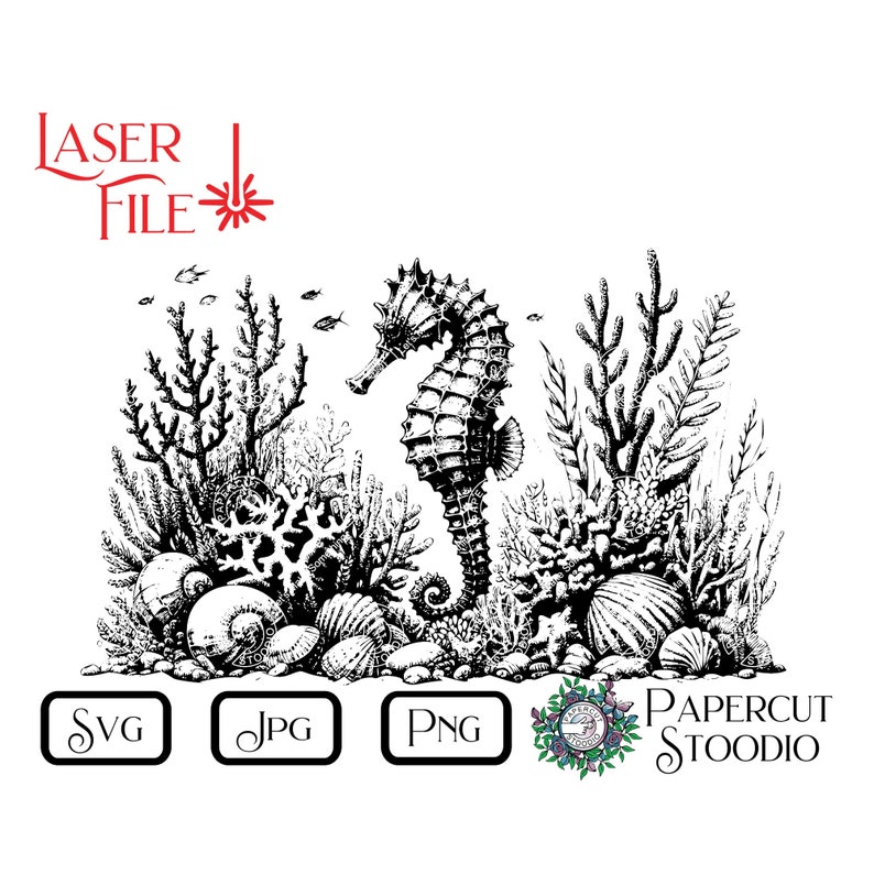 May include: Black and white line art illustration of a seahorse swimming in a coral reef. The seahorse is surrounded by coral, seaweed, and seashells.