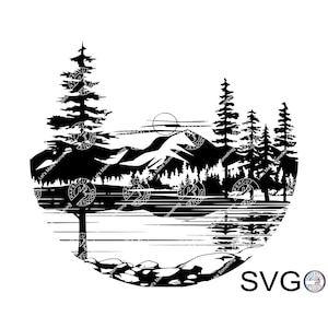 Escena del lago SVG DXF, Round Lakeview Scenic Lake Mountain Forest Cabina al aire libre Cottage Dirección Signo Descarga digital Madera Regalo personalizado