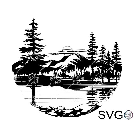 Lake Scene SVG DXF, Round Lakeview Scenic Lake Mountain Forest Outdoor  Cabin Cottage Address Sign Digital Download Wood Personalized Gift 