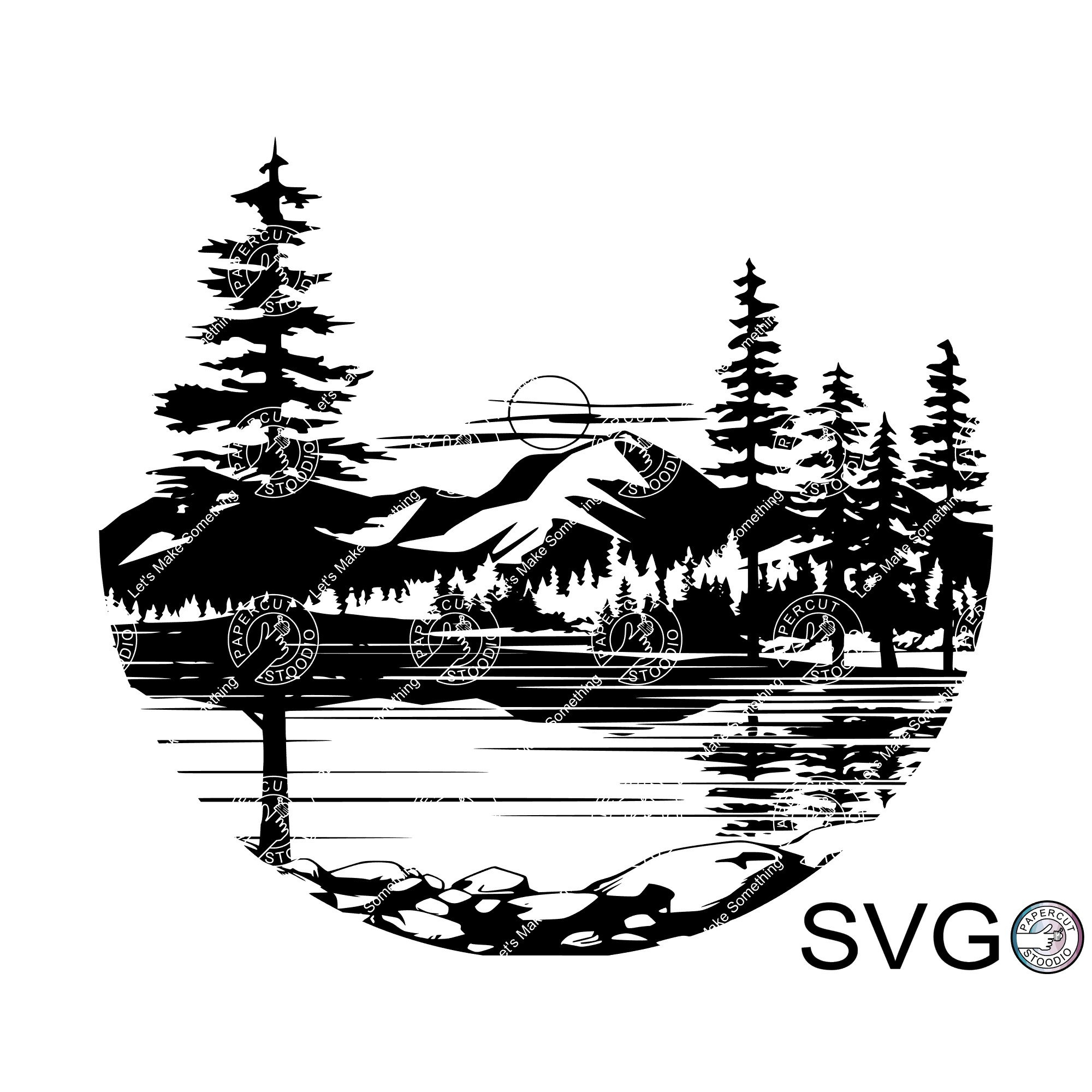 Lake Scene SVG DXF, Round Lakeview Scenic Lake Mountain Forest Outdoor Cabin Cottage Address Sign Digital Download Wood Personalized Gift
