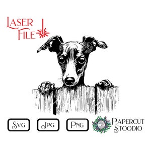 Fichier de gravure laser, lévrier italien chien coup d'oeil SVG, accroche-porte bricolage clôture pour chien signe LightBurn GlowForge travail du bois chien graver signe bienvenue