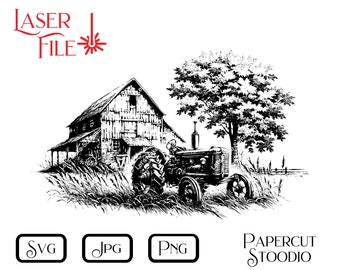 Può includere: Illustrazione in bianco e nero di una fattoria con un trattore di fronte. La fattoria ha un grande portone del fienile e un albero dietro il trattore. Il testo "LASER FILE" è in rosso nella parte superiore dell'immagine.