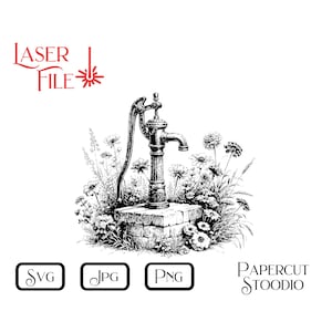 Puede incluir: Ilustración en blanco y negro de una bomba de agua antigua rodeada de flores y follaje. La imagen incluye el texto "LASER FILE" e iconos de tipo de archivo SVG, JPG y PNG. También están presentes las palabras "PAPERCUT STOODIO".