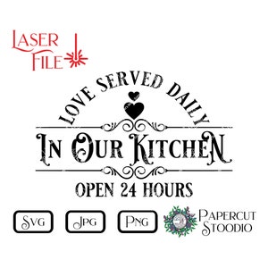 Fichier de gravure laser, amour servi tous les jours SVG, pour cuisine ferme Lightburn GlowForge signe de plateau en bois cadeau personnalisé planche à découper travail du bois