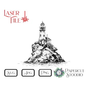 Laser Gravurdatei Rocky Lighthouse SVG, Ocean Sea Island LightBurn GlowForge für Schilder Schneidebretter Untersetzer für personalisierte Geschenke