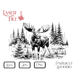 Laser Engrave File, Moose at Lake Edge Svg, Digital Download Cabin Decor Signs Cutting Board LightBurn GlowForge Cottage Personalize Gift