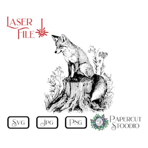 May include: Black and white illustration of a fox sitting on a tree stump, surrounded by foliage. The image includes the text "LASER FILE" in red, along with file type icons for SVG, JPG, and PNG. The Papercut Stoodio logo is also present.