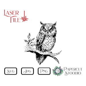 Lasergravur Datei Eule auf Ast SVG, LightBurn GlowForge für Schilder Schneidebretter Untersetzer Cabin Cottage Cottage Rustikale personalisierte Geschenke