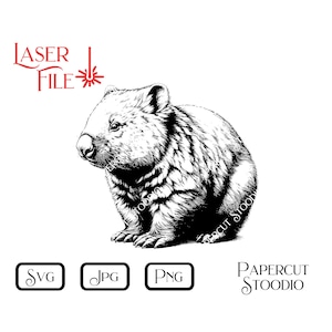 Könnte beinhalten: Schwarz-Weiß-Illustration eines Wombats. Das Bild enthält den roten Text "LASER FILE" sowie Symbole für die Dateitypen SVG, JPG und PNG. Der Schriftzug "PAPERCUT STOODIO" ist ebenfalls vorhanden.