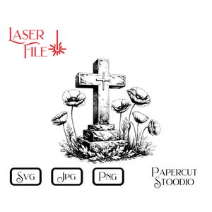 Fichier de gravure laser, croix avec des coquelicots SVG, deuil LightBurn GlowForge XTool, perte, deuil, commémoration, commémoration, souvenir affectueux, sympathie