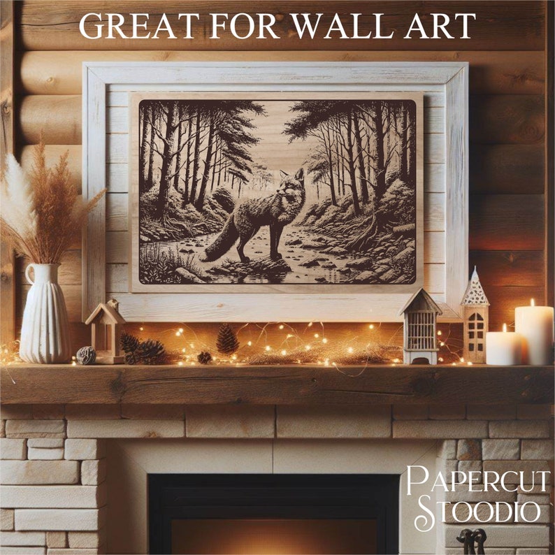 May include: A framed wood carving of a fox standing in a forest with a stream. The carving is in shades of brown and white. The frame is white and the carving is on a wooden mantel with a fireplace below. The text "PAPERCUT STUDIO" is visible in the bottom right corner of the image.