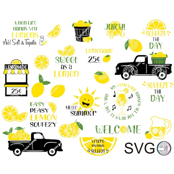 Lemon Bundle SVG, Cricut Lemonade Lemon Tiered Tray Vintage Truck Summer Mini Signs Decor Gift Stickers Mugs