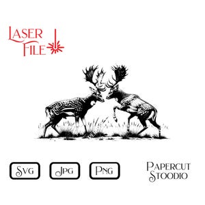 May include: Black and white illustration of two deer with large antlers facing each other. The deer are standing in a grassy field. The image is labelled "Laser File" and "Papercut Stoodio".