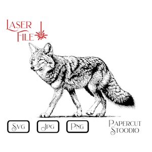 May include: Black and white line art illustration of a coyote walking to the right. The image is labeled "Laser File" and includes the file types "SVG", "JPG", and "PNG".