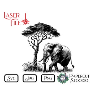 Może przedstawiać: Czarno-biała ilustracja liniowa przedstawiająca słonia idącego pod drzewem. Słoń jest zwrócony w lewą stronę obrazu. Drzewo ma gruby pień i wiele gałęzi. Słoń ma długą trąbę i duże uszy. Obraz nadaje się do cięcia laserowego, cięcia papieru lub innych prac ręcznych.