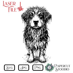 May include: Black and white illustration of a wet dog with dripping fur. The dog is looking directly at the viewer. The image is in a cartoon style.