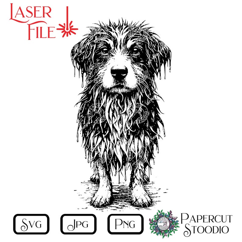 May include: Black and white illustration of a wet dog with dripping fur. The dog is looking directly at the viewer. The image is in a cartoon style.