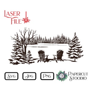 May include: A black and white silhouette of two chairs facing a snowy lake with a forest of pine trees in the background.